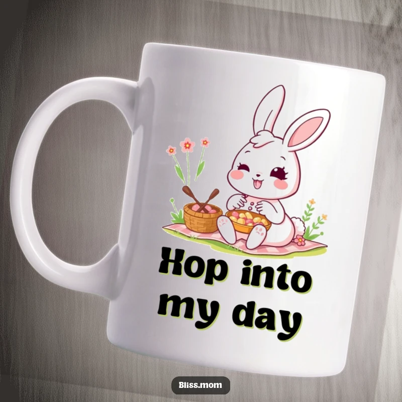 Funny Kawaii Bunny Mom Mug: A smiling bunny mom enjoys a picnic. Radiates happiness and cuteness.