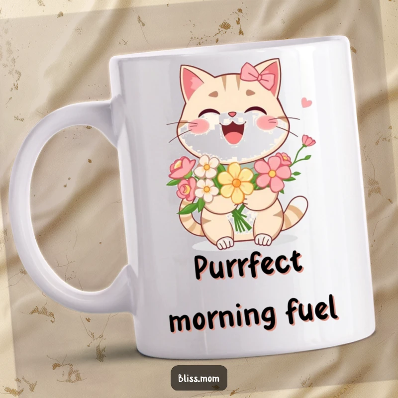 Funny Kawaii Cat Mom Mug: A happy cat mom laughs heartily, clutching a vibrant flower bouquet. Expressing pure joy and love for felines.