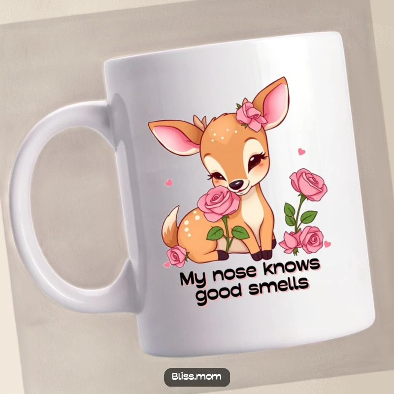 Funny Kawaii Deer Mom Mug, delightedly smelling a fragrant pink rose, capturing a moment of pure joy and floral appreciation.