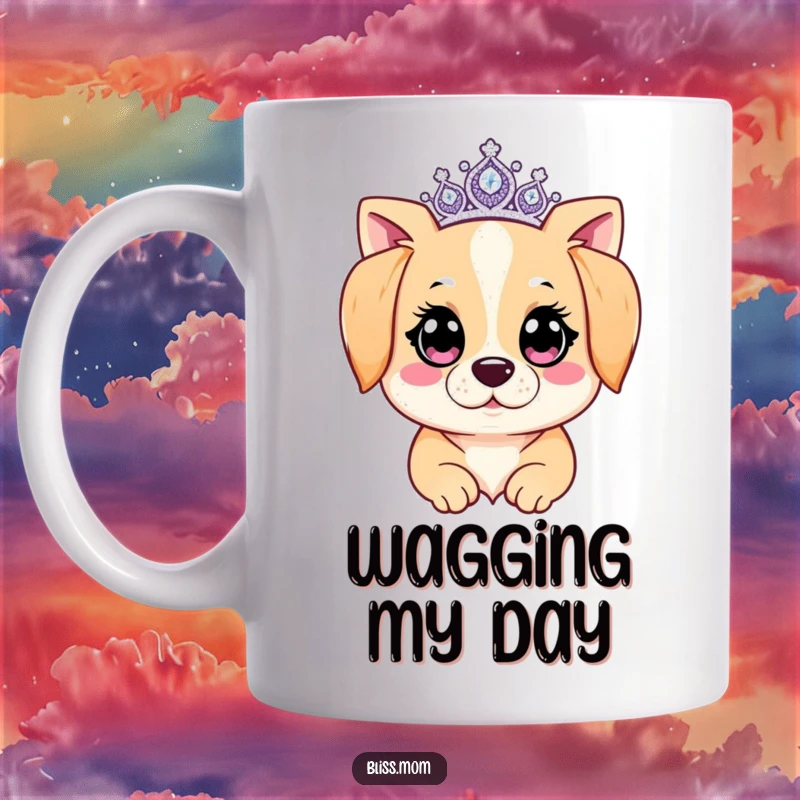 Funny Kawaii Dog Mom Mug: A dog mom with sparkling eyes and a glittering tiara. Radiates joy and queenly canine devotion.