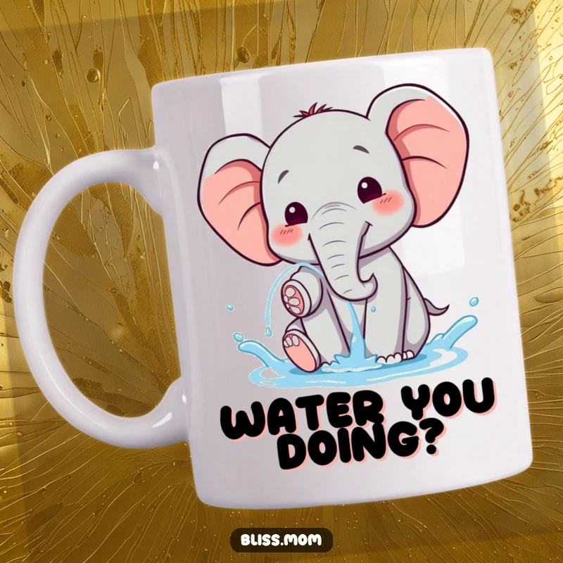 Funny happy kawaii elephant joyfully spraying water from its trunk, depicted on a ceramic mug, radiating pure delight.