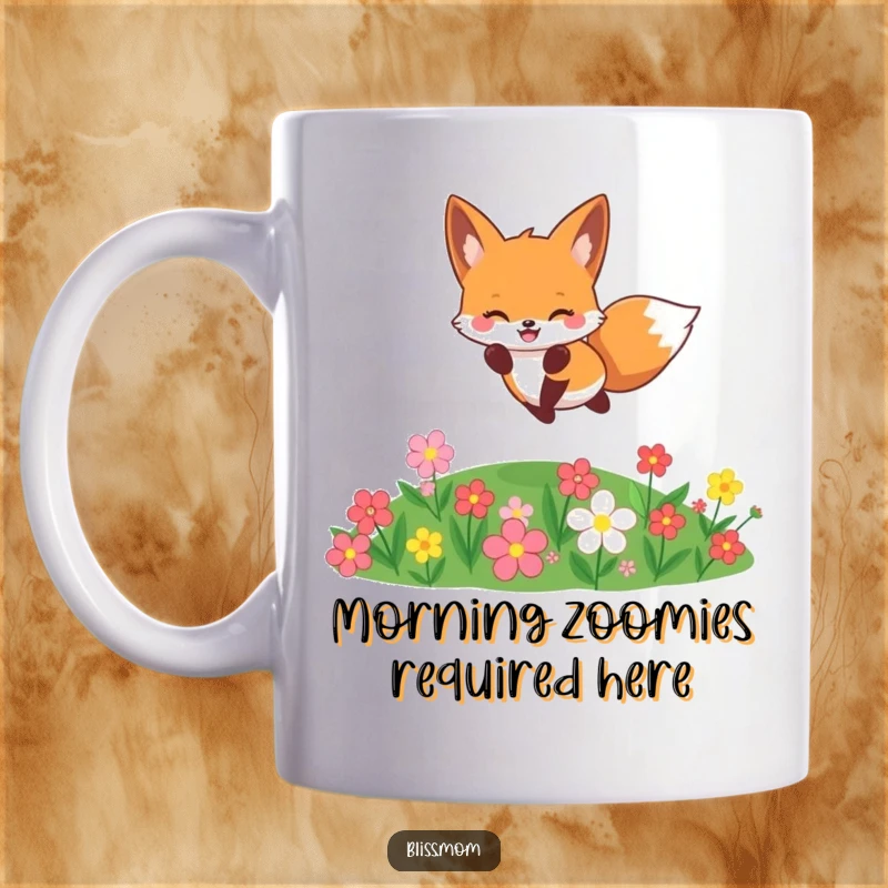 Funny cheerful kawaii fox leaping joyfully over a vibrant flower patch, woodland charm, perfect funny gift for animal lovers.