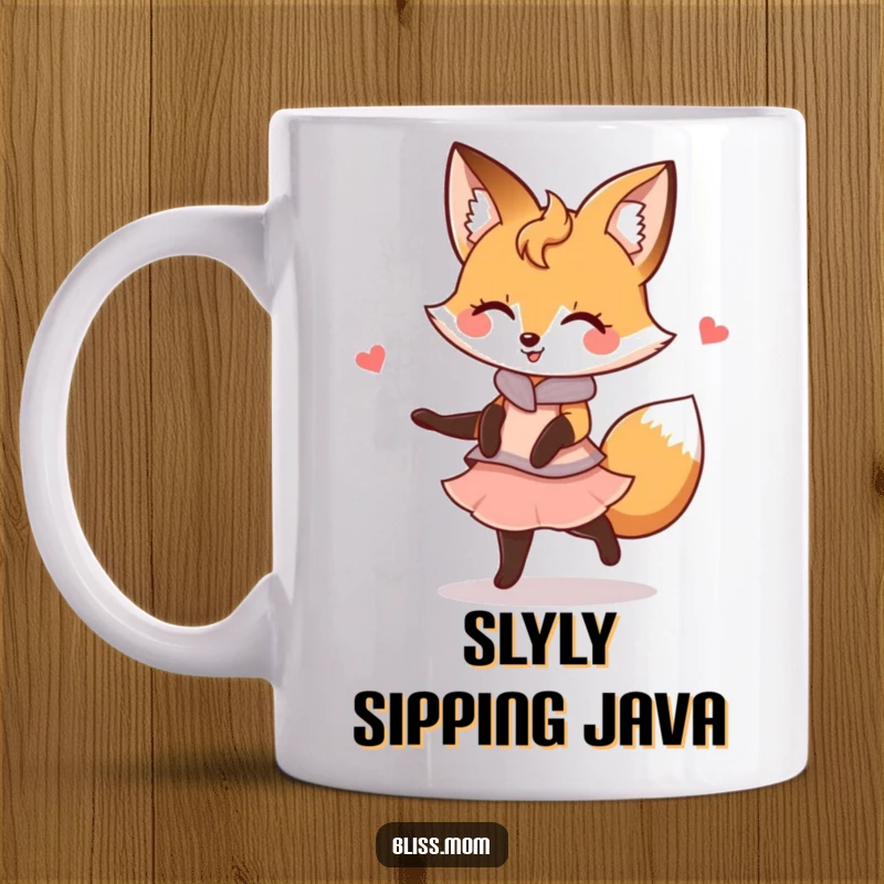 Funny Kawaii Fox Mom Mug: A happy fox mom gracefully twirls. Radiates charm and playful elegance.