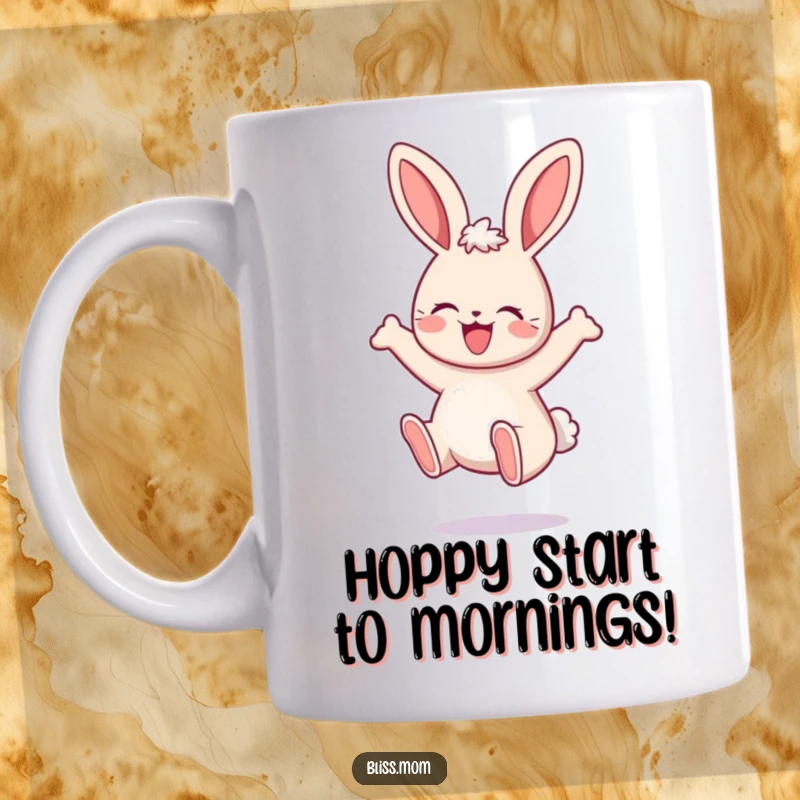 Funny Kawaii Mama Bunny mug, joyfully bouncing with delight, celebrating motherhood and cute animal art, a perfect gift.