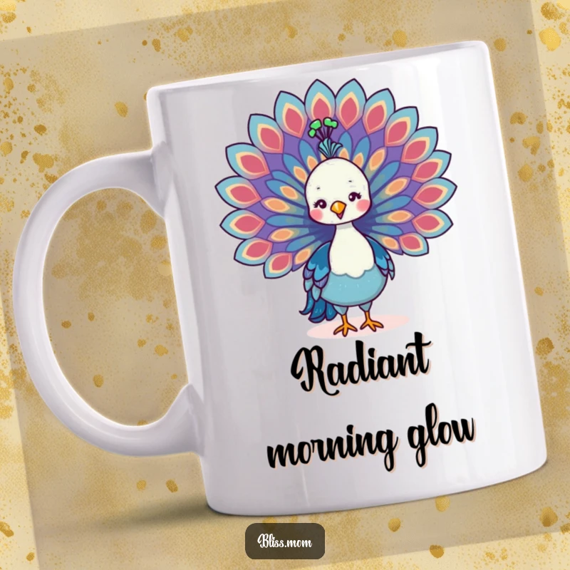 Funny Kawaii Peacock Mom Mug, proudly spreading vibrant, colorful tail feathers, radiating elegance and joy.