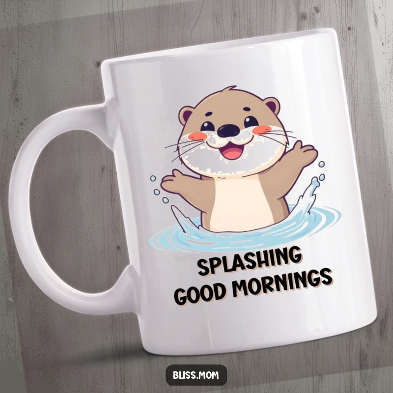Funny mug featuring a happy otter joyfully splashing in water, its wide smile radiating pure bliss and playful energy.