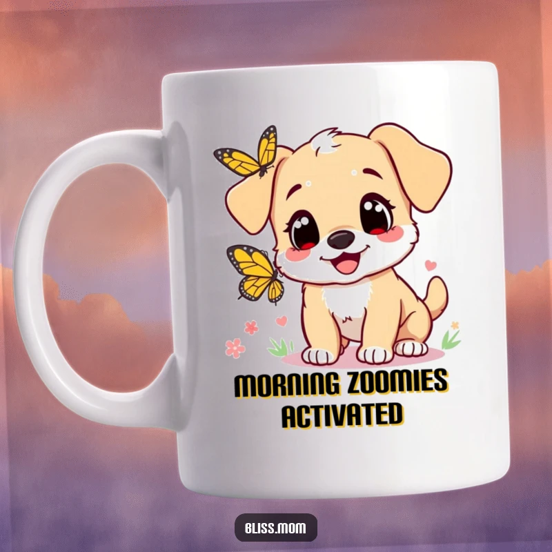 Funny mug: a cute puppy mom with heart eyes joyfully chases a butterfly, showing her loving and playful personality.