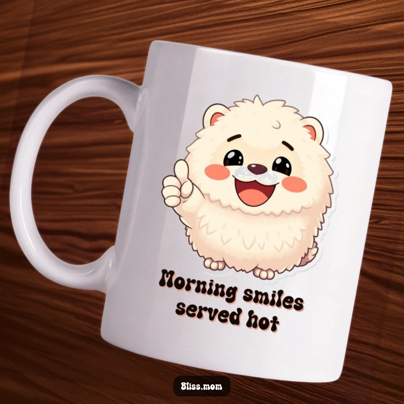 Funny mug showcasing a cute, fluffy animal with a huge smile and a confident thumbs up, radiating positivity.