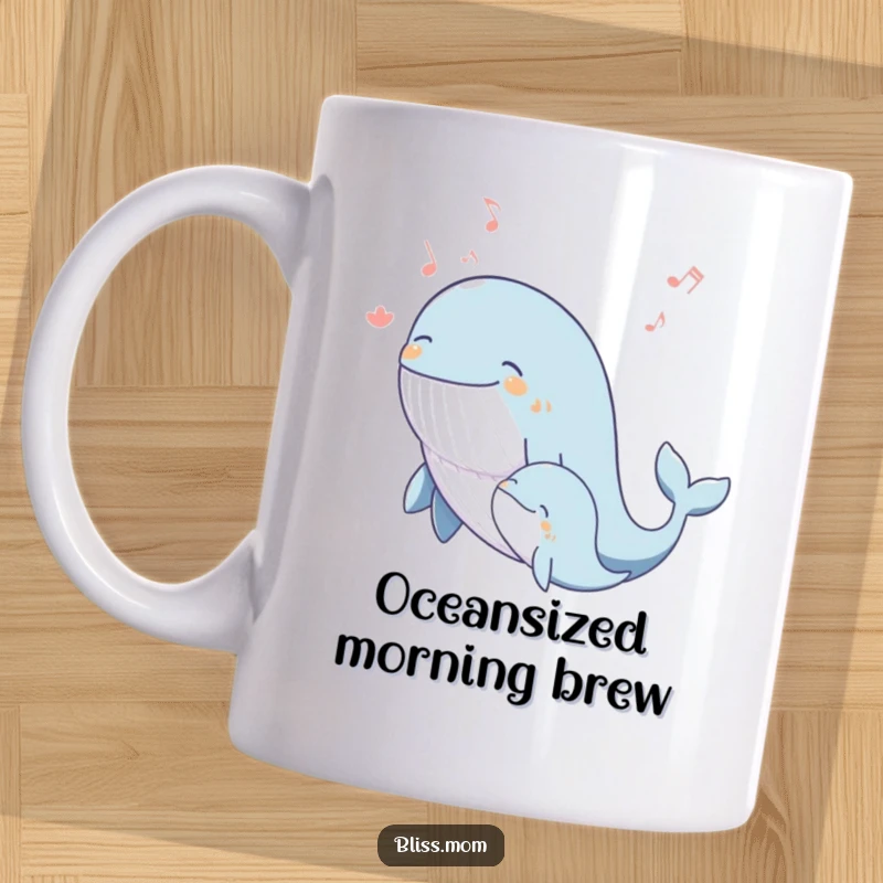 Funny whale mom mug featuring a blissful mother whale singing a joyous melody with her calf, representing oceanic love.