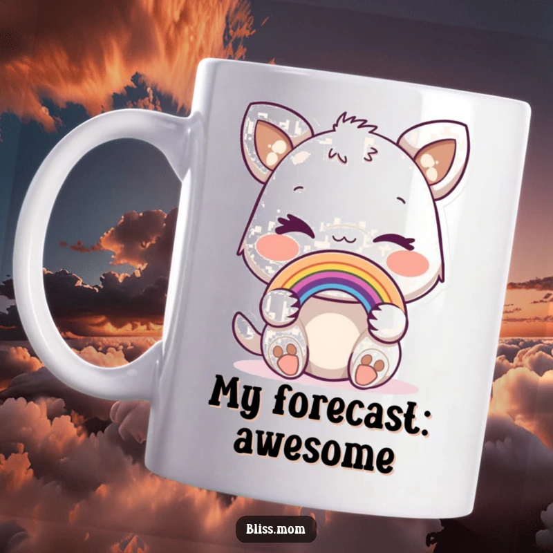 Funny mug showing a joyful animal winking playfully while holding a miniature, vibrant rainbow arch.