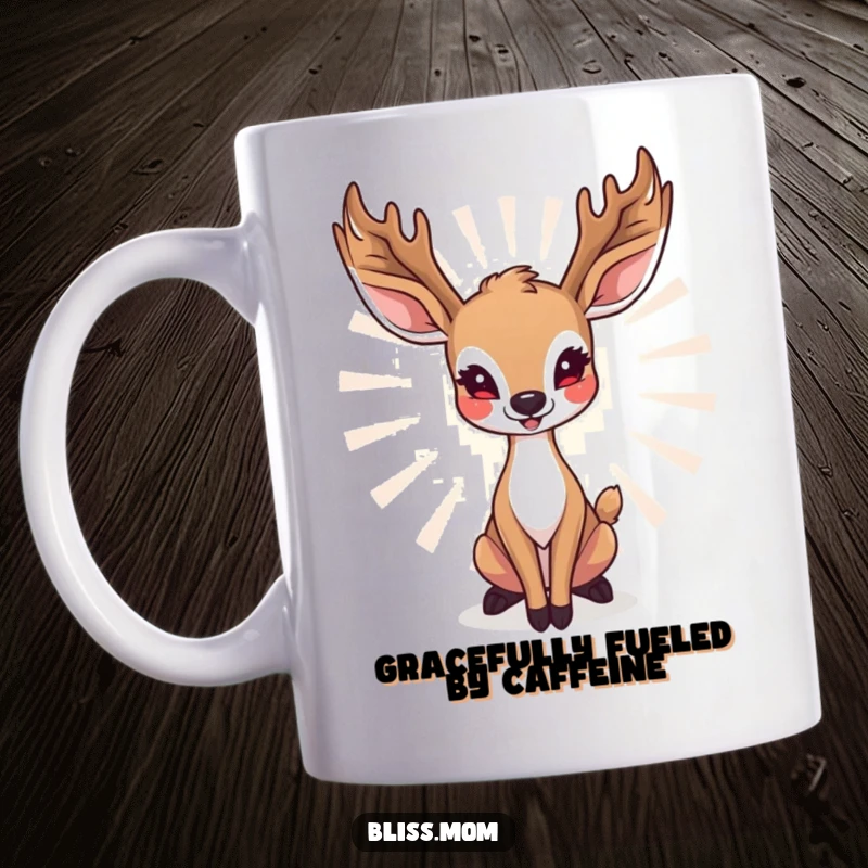 Funny deer mom mug featuring a radiant doe in a graceful, happy pose, radiating maternal love and peace.