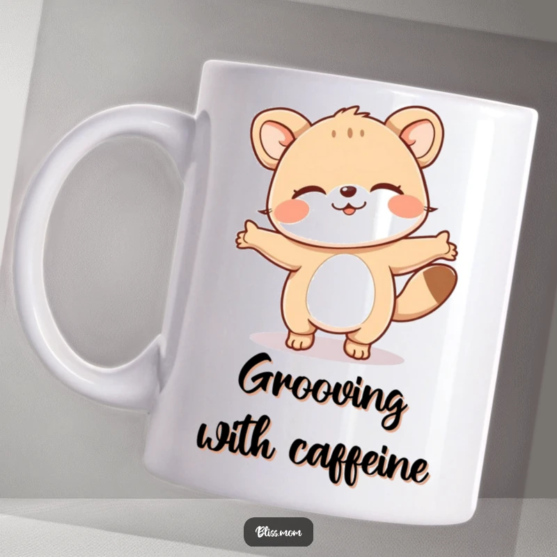 Funny mug featuring a cute animal doing a happy dance with its eyes closed in pure bliss and delight, a joyful gift.