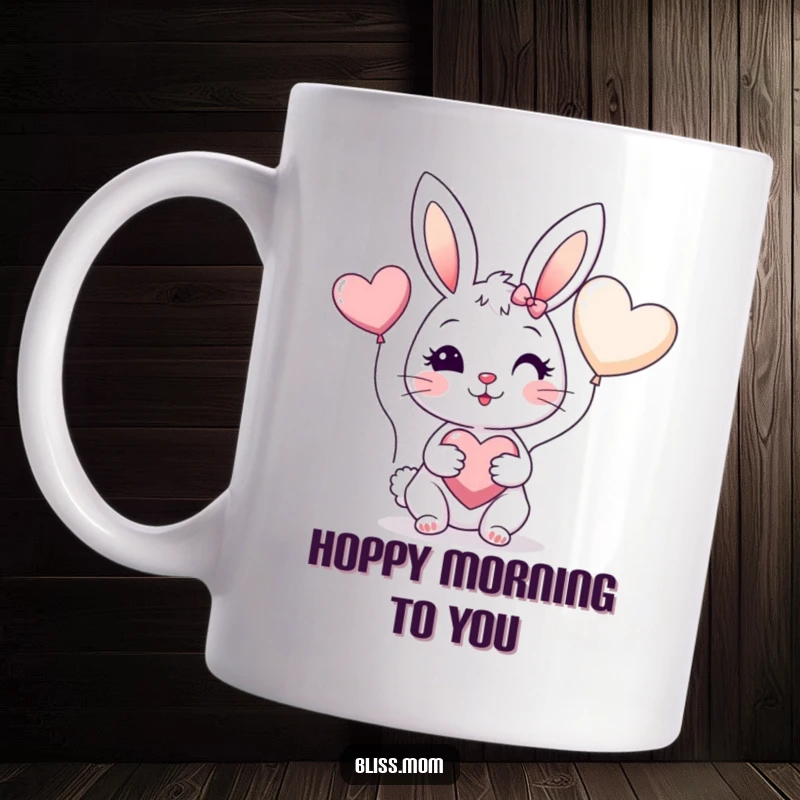 Funny mug featuring a cheerful bunny mom with rosy cheeks holding a heart balloon, radiating love and happiness.