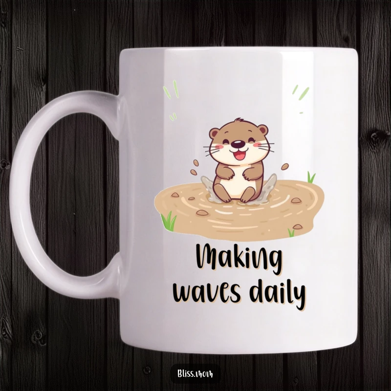 Funny mug showing a happy otter joyfully sliding down a muddy bank with a big splash, full of playful energy.