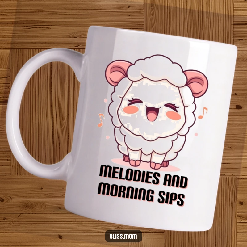 Funny Kawaii Sheep Mom Mug, joyfully singing a closed-eyed tune, radiating happiness and musical cheer.