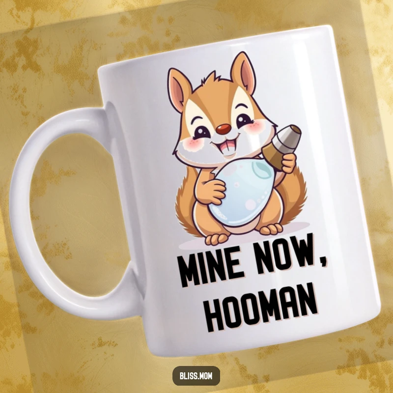 Funny squirrel mom with a beaming smile proudly displays a shiny recovered object on this humor-filled mug.
