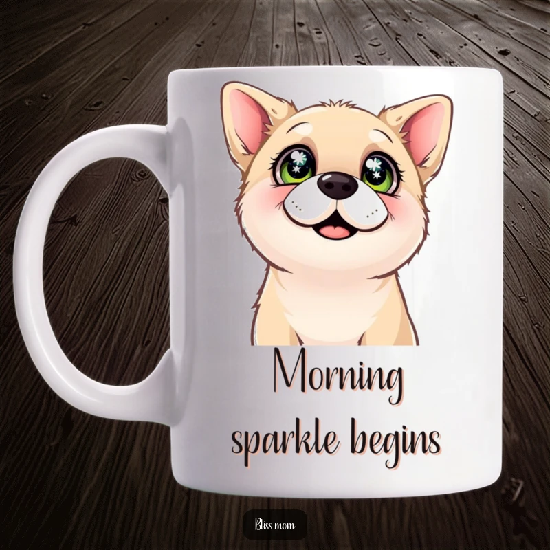 Funny mug featuring a content dog looking upwards with bright, sparkling eyes, conveying absolute happiness and devoted affection.