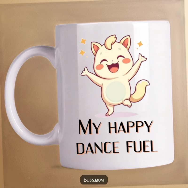 Funny mug featuring a cartoon creature doing a flamboyant celebratory dance with pure joy and energy, perfect for gift-giving.