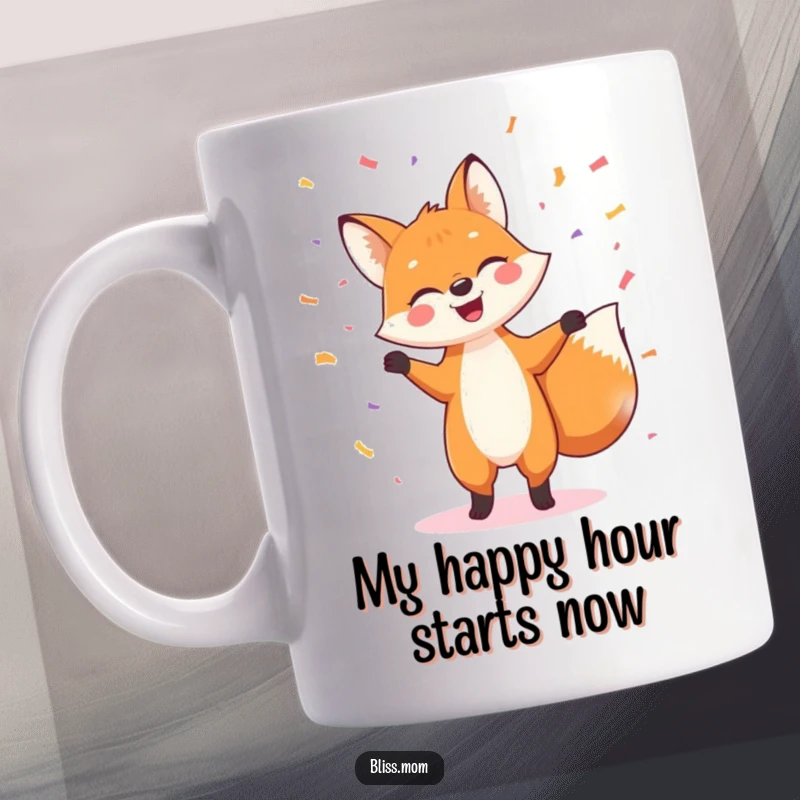 Funny mug featuring a cheerful fox dancing ecstatically amidst a shower of colorful confetti, radiating pure happiness and playful energy.