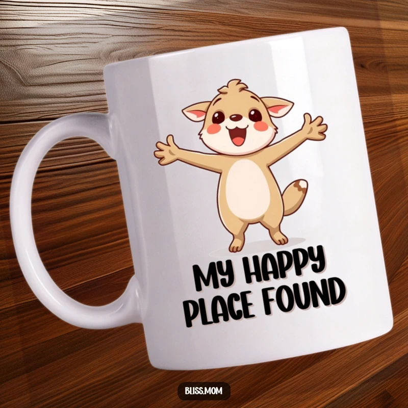 Funny mug featuring a happy animal with arms outstretched, twirling with pure joy and infectious enthusiasm, a delightful gift.