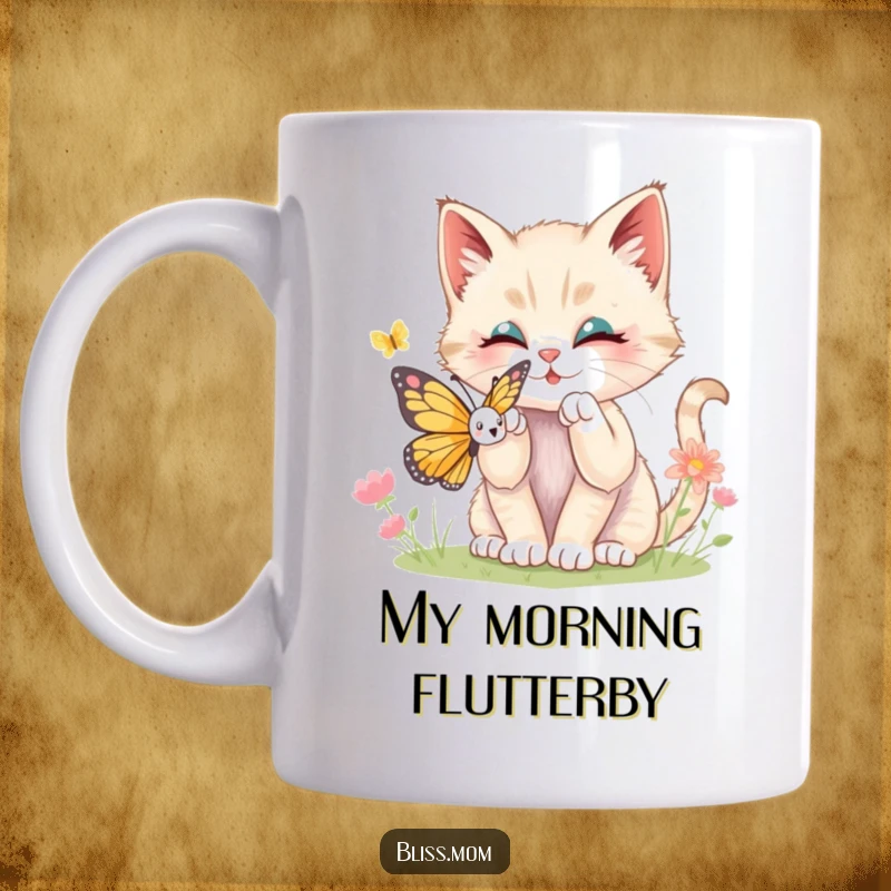 Funny kawaii kitten batting playfully at a colorful butterfly, captured on a ceramic mug, depicting pure joy and innocence.