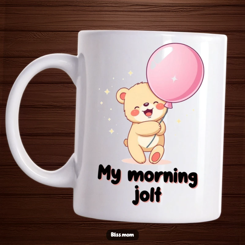 Funny mug featuring a joyful bear cub tenderly hugging a large, glittering balloon, symbolizing happiness and dreams.