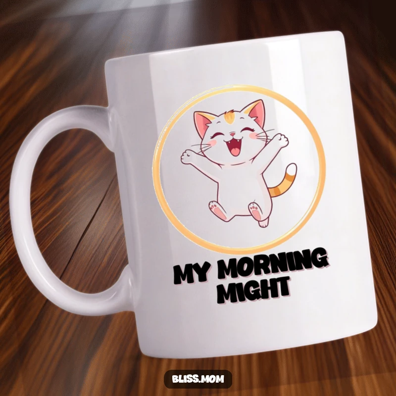 Funny cat mug featuring a playful feline jumping with joy through a bright hoop of light, capturing a moment of pure, silly happiness.