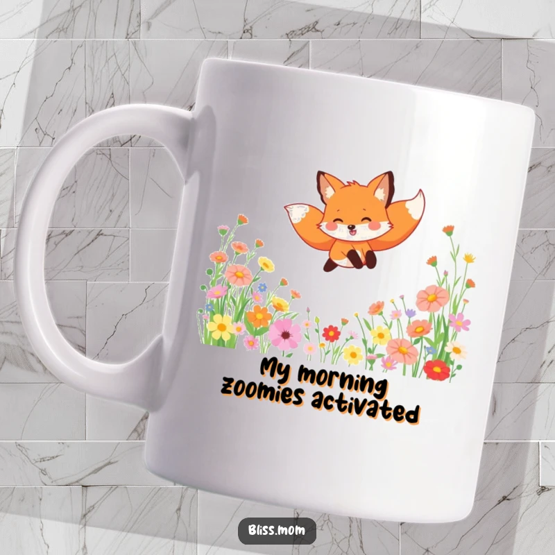 Funny mug featuring a gleeful fox mid-leap through a vibrant field of wildflowers, capturing pure, unadulterated joy and freedom.