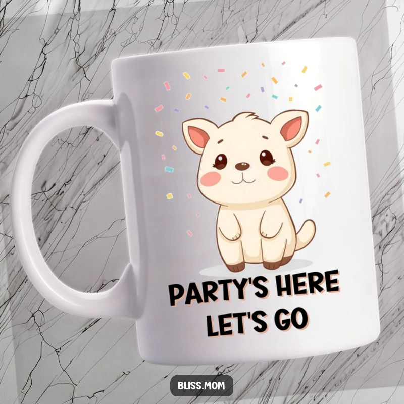 Funny animal mug showering in colorful confetti, expressing pure joy and celebration, perfect for a happy occasion gift.