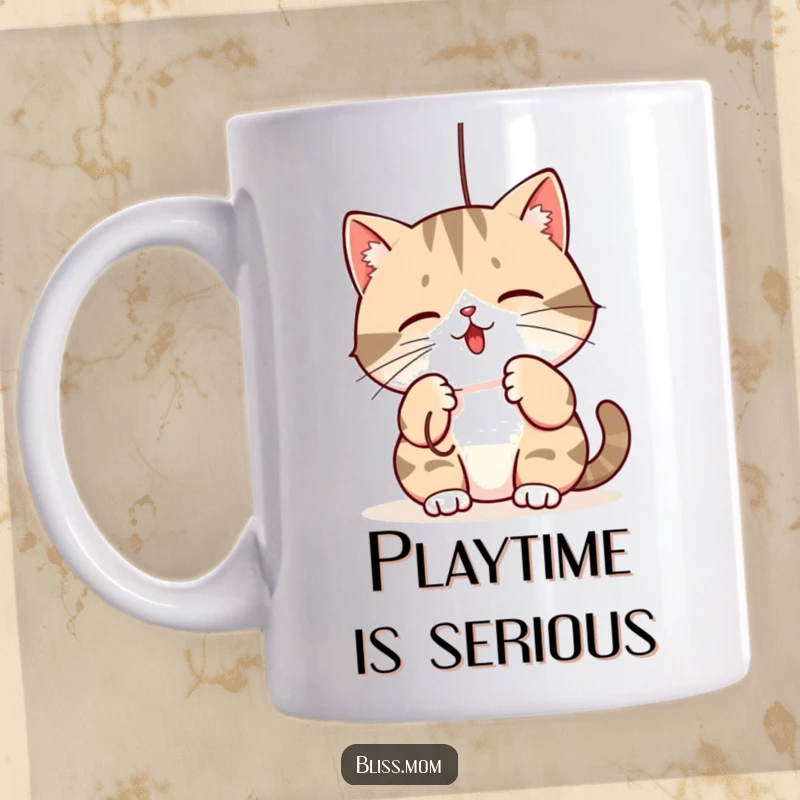 Funny mug: a kawaii mama cat playfully batting at a dangling string, showcasing her charming and mischievous feline nature.
