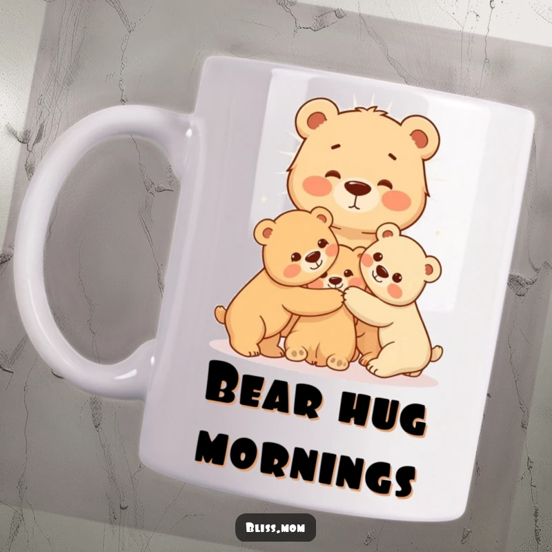 Radiating mama bear sharing a warm, loving hug with her adorable cubs, depicted on a mug, symbolizing protective maternal affection.