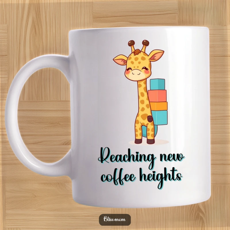 Funny giraffe mom mug with a giggling mother giraffe happily balancing colorful blocks, showing playful parenting.