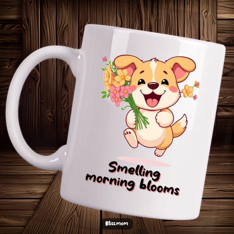 Funny Dog Flower Mug: A happy dog bounds with a bouquet of flowers, radiating pure delight. A cheerful and funny gift.