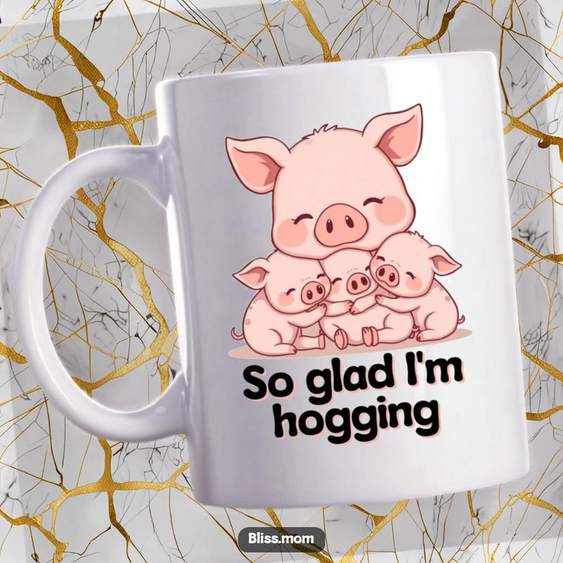 Funny Mama Pig mug, contentedly snuggling with adorable piglets, celebrating sweet motherhood and farm animal charm. A heartwarming gift.