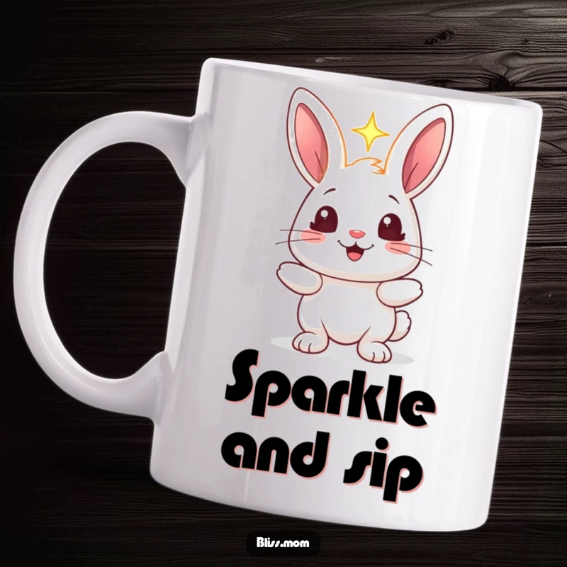 Funny rabbit mug featuring a cheerful bunny with sparkling eyes, holding a radiant, glowing light, embodying hope and bright energy.