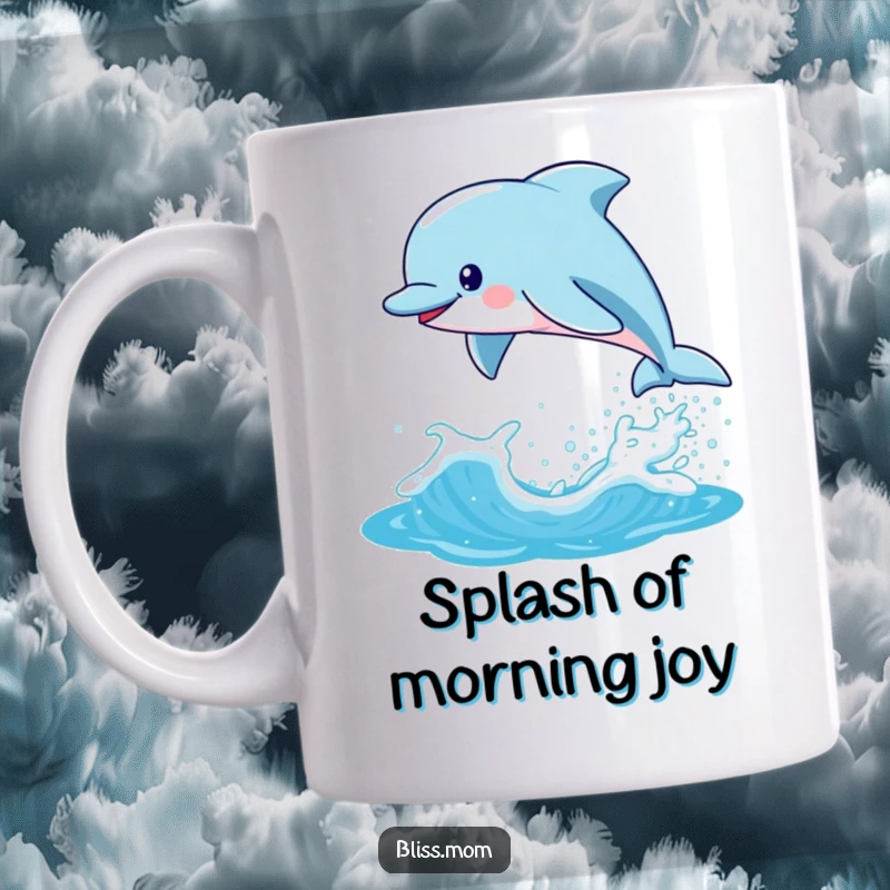 Funny Kawaii Dolphin Mom Mug, playfully leaping from a sparkling blue wave, embodying joy and aquatic adventure.