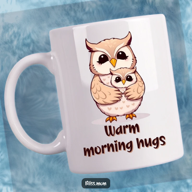 Funny owl mom mug showing a cheerful mother owl receiving a tender hug from its cute owlet.