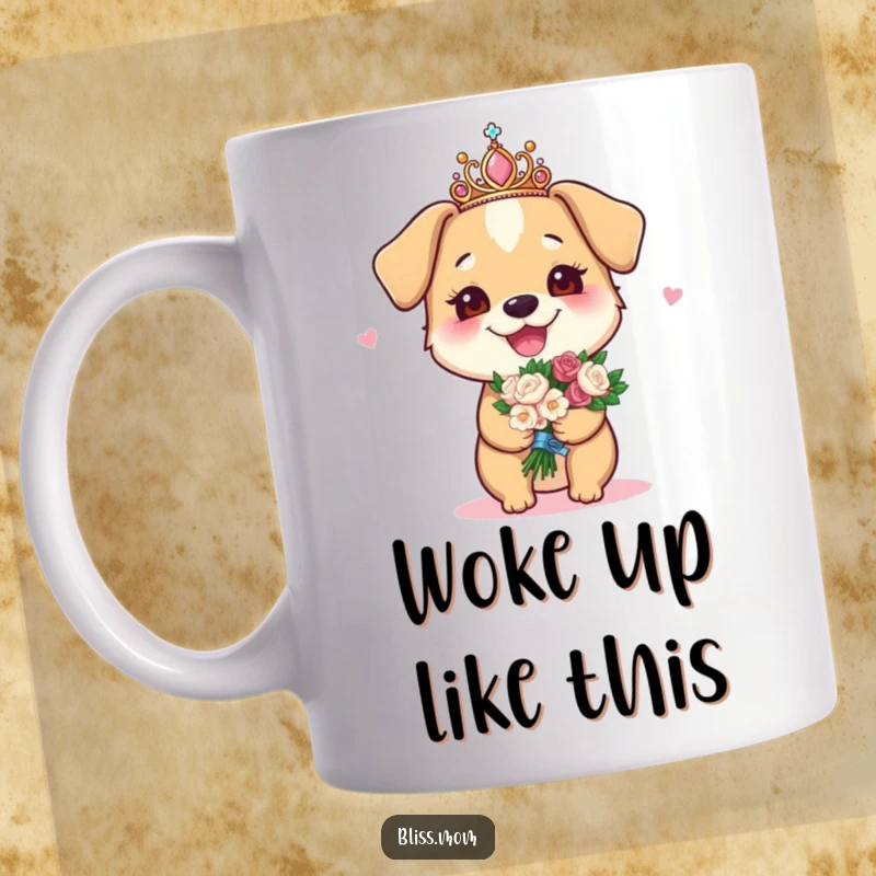 Funny mug featuring a joyous dog mom wearing a sparkly tiara and holding a bouquet, celebrating her dog love.