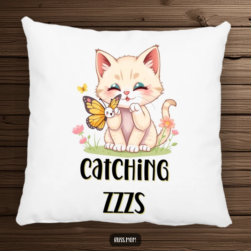 Funny kawaii kitten batting playfully at a butterfly, embroidered on a soft pillow, bringing a touch of gentle humor.