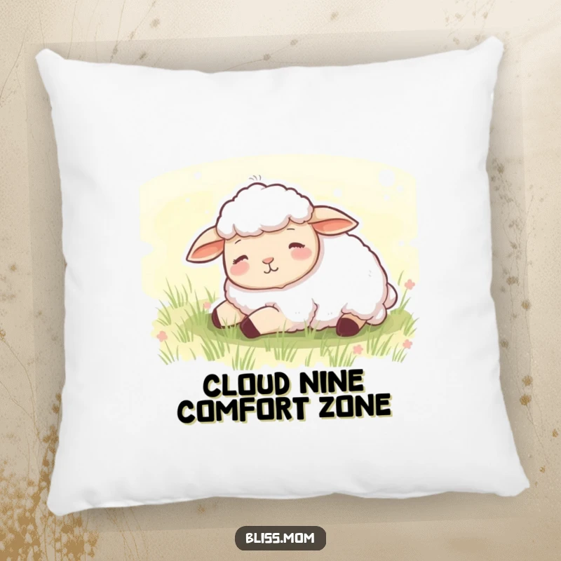 Funny pillow featuring a content sheep dozing peacefully in a green meadow, adding serene comfort and decor.