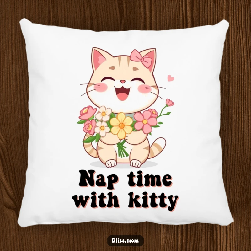 Funny Kawaii Cat Mom Pillow: A smiling cat mom laughs heartily while holding a bouquet of flowers. Soft, decorative, and humorously feline.