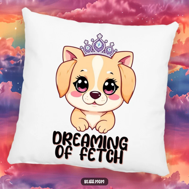 Funny Kawaii Dog Mom Pillow: A dog mom sparkles with a tiara. Soft, decorative, and humorously regal canine comfort.