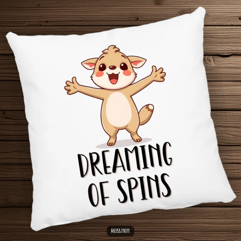 Funny pillow with a happy animal character twirling joyfully, arms outstretched, bringing a soft touch of humor and comfort to any sofa.