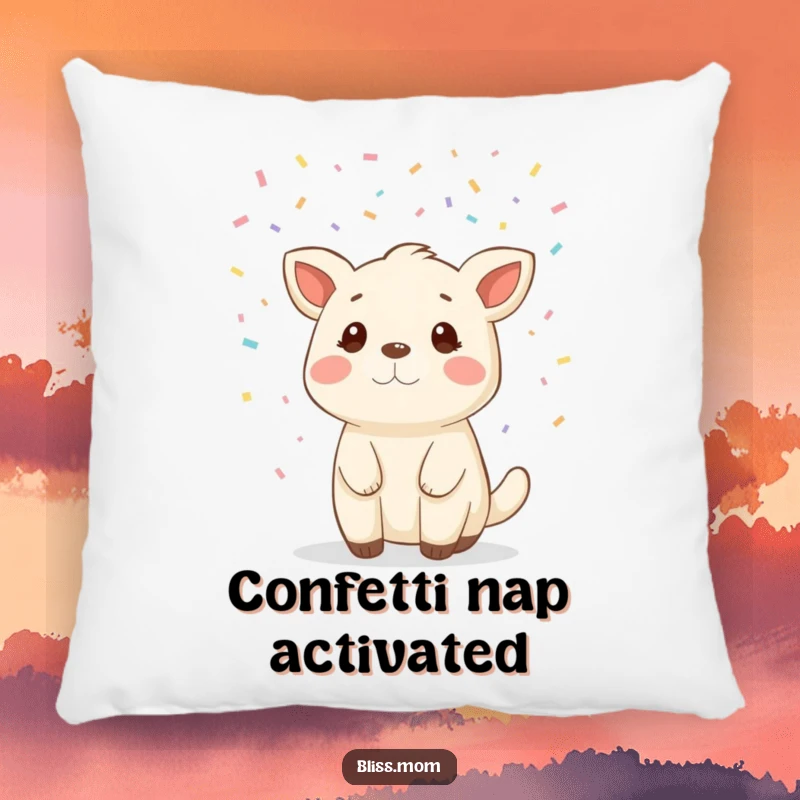 Funny animal pillow nestled in a soft confetti shower, offering comfort and a cheerful decorative element for any room.