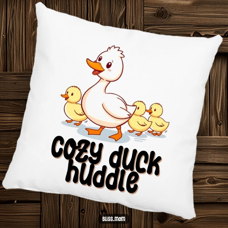 Funny pillow: a smiling mama duck waddling with a line of ducklings following, bringing comfort and a smile with its humor.