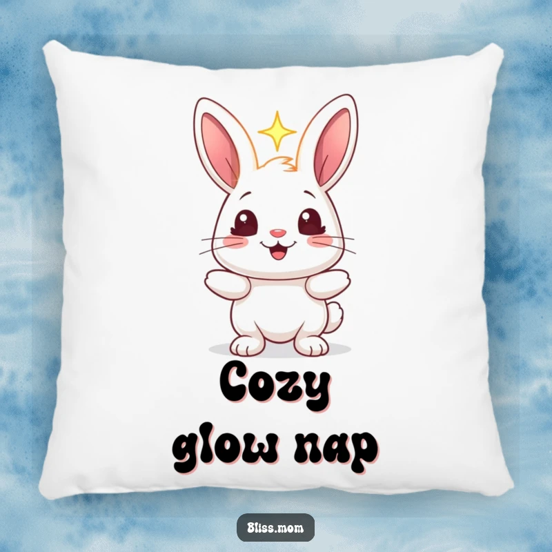 Funny rabbit pillow featuring a cheerful bunny holding a glowing light, its eyes sparkling, offering cozy comfort and whimsical decor.