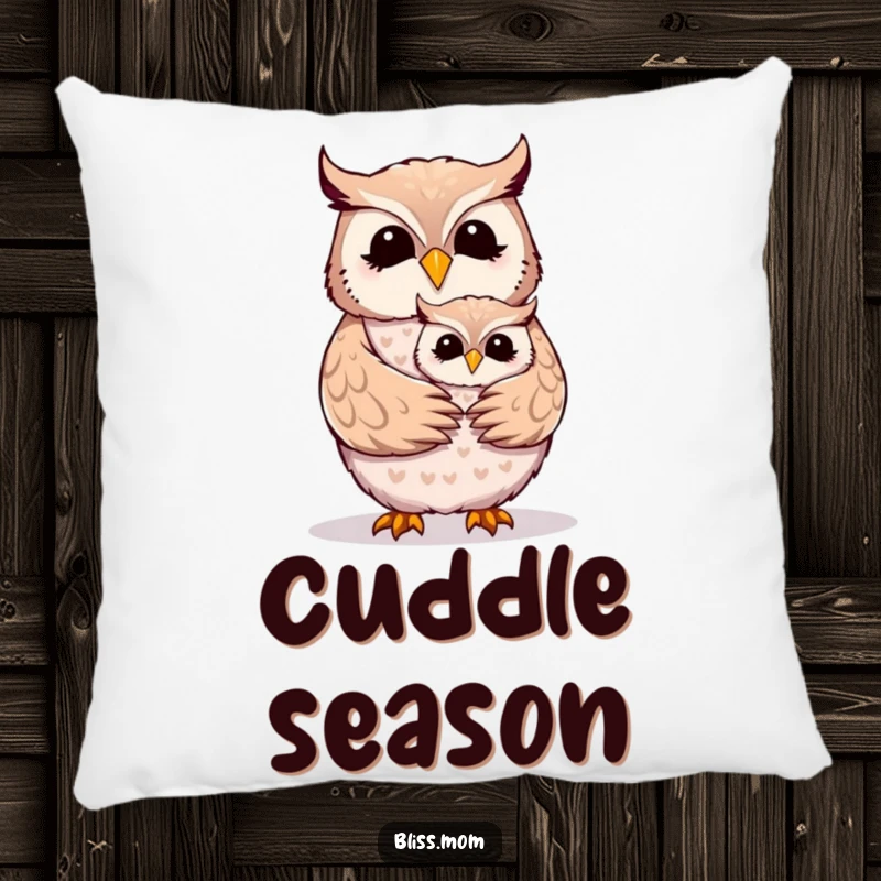 Funny Mother Owl pillow featuring a happy mom owl being embraced by its sweet, cuddly owlet.