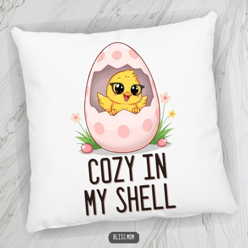 Funny Chick Mom Easter Pillow, showing a chick mom peeking from a large Easter egg, perfect for comfortable and cheerful decor. A lovely gift.