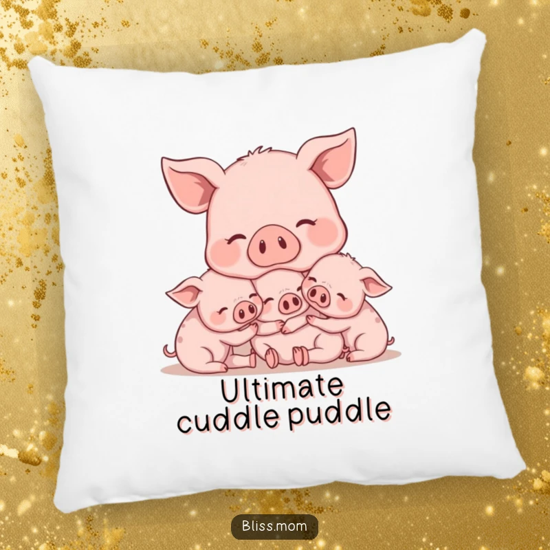 Funny Mama Pig Pillow, showing a content mama pig cuddling her piglets, perfect for cozying up with farmhouse charm. A lovely gift.