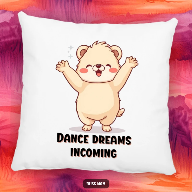Funny Pillow: A fluffy animal performs a joyful jig with arms in the air, offering comfortable and hilarious dance vibes.